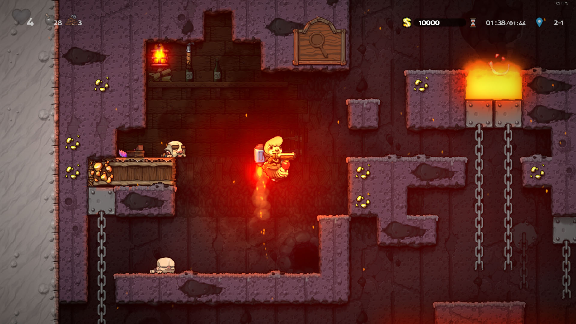 A dead shopkeeper, which the player is flying away from using a stolen jetpack.