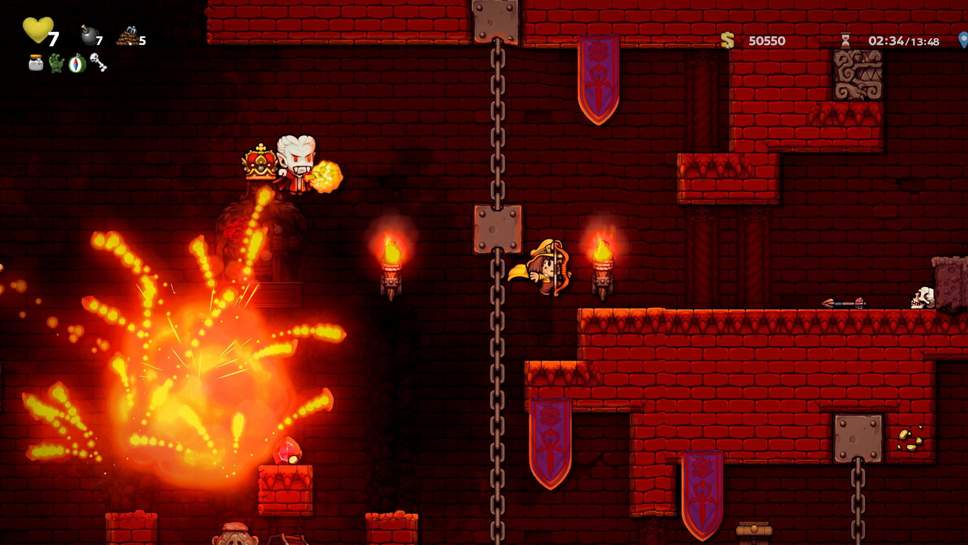 The player, chased by a vampire that is about to explode by a sticky bomb.