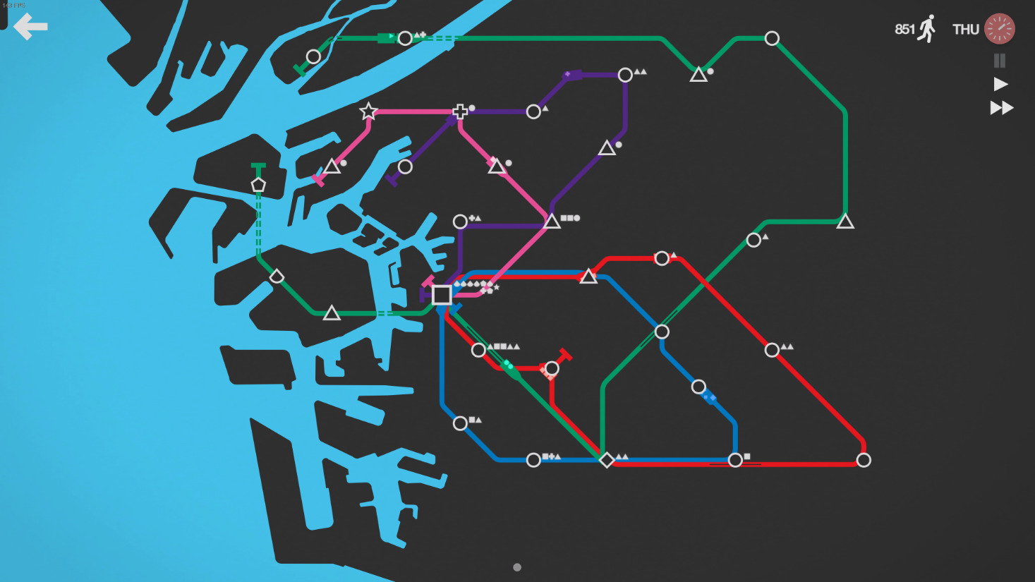 Several stations, lines, passengers, and trains are on the map
