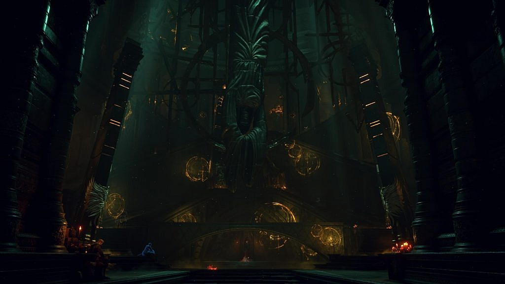 A dark place with a statue in the middle, large staircases, candles, and characters in the back