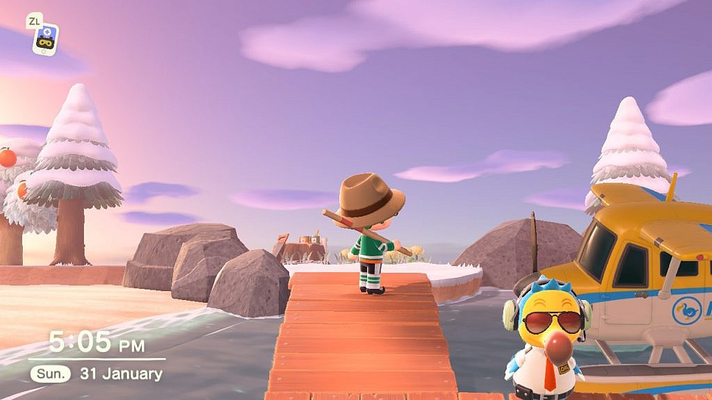 The main human character standing on the pier, with a bird character and airplane, looking at a natural island