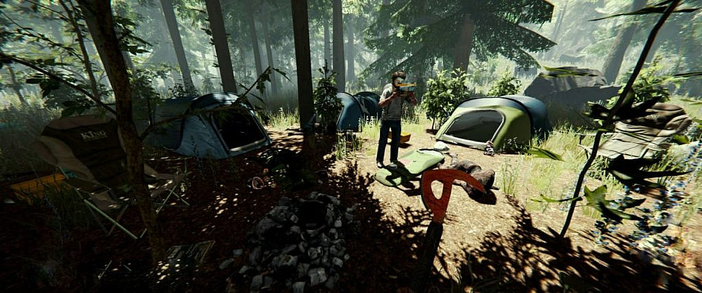 a player character reading a map in an abandoned campsite, other player standing guard