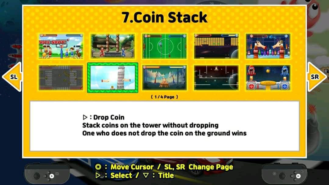List of the various minigames with small thumbnails. Highlighted is Coin Stack and its instructions.