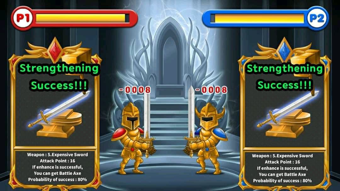 Two knights facing each other in a smithing minigame. Both lose some health and get upgraded weapons.