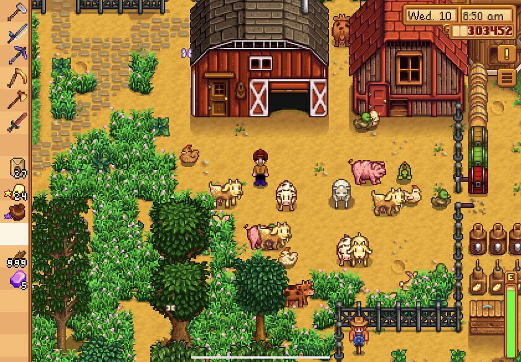 Player is in the yard surrounded by sheep, pigs and chickens.