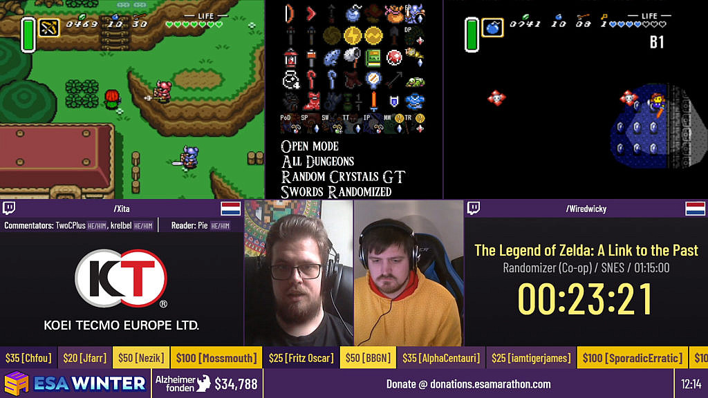 Two runners play The Legend of Zelda A Link To The Past randomizer: Xita on the left and WiredWicky on the right. A shared inventory is displayed in the middle.