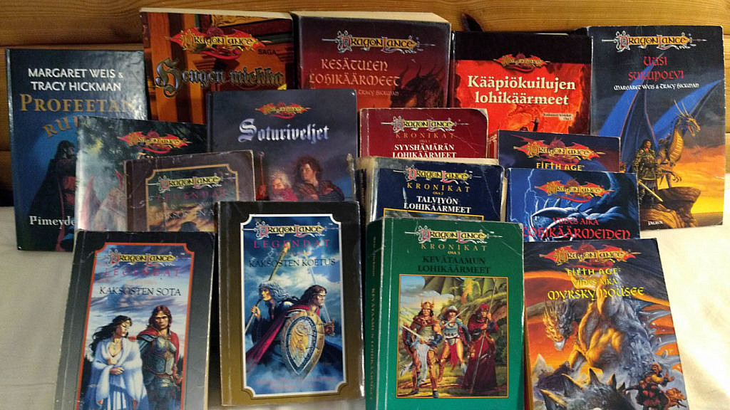 Sixteen worn-out books from various Dragonlance book series.