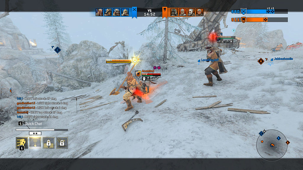 A viking player engaged in a one versus two fight.