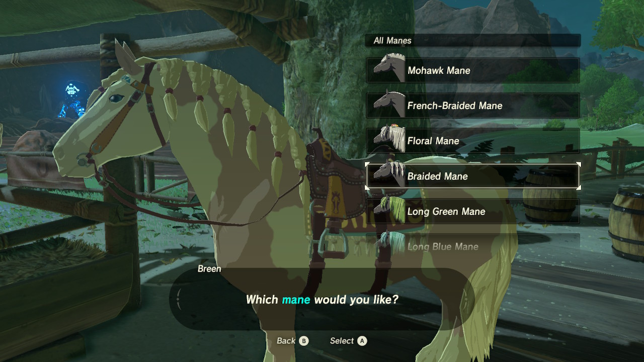 Horse mane selection screen in Breath of the Wild. Styles like mohawk and French-braids can be selected for the horse.