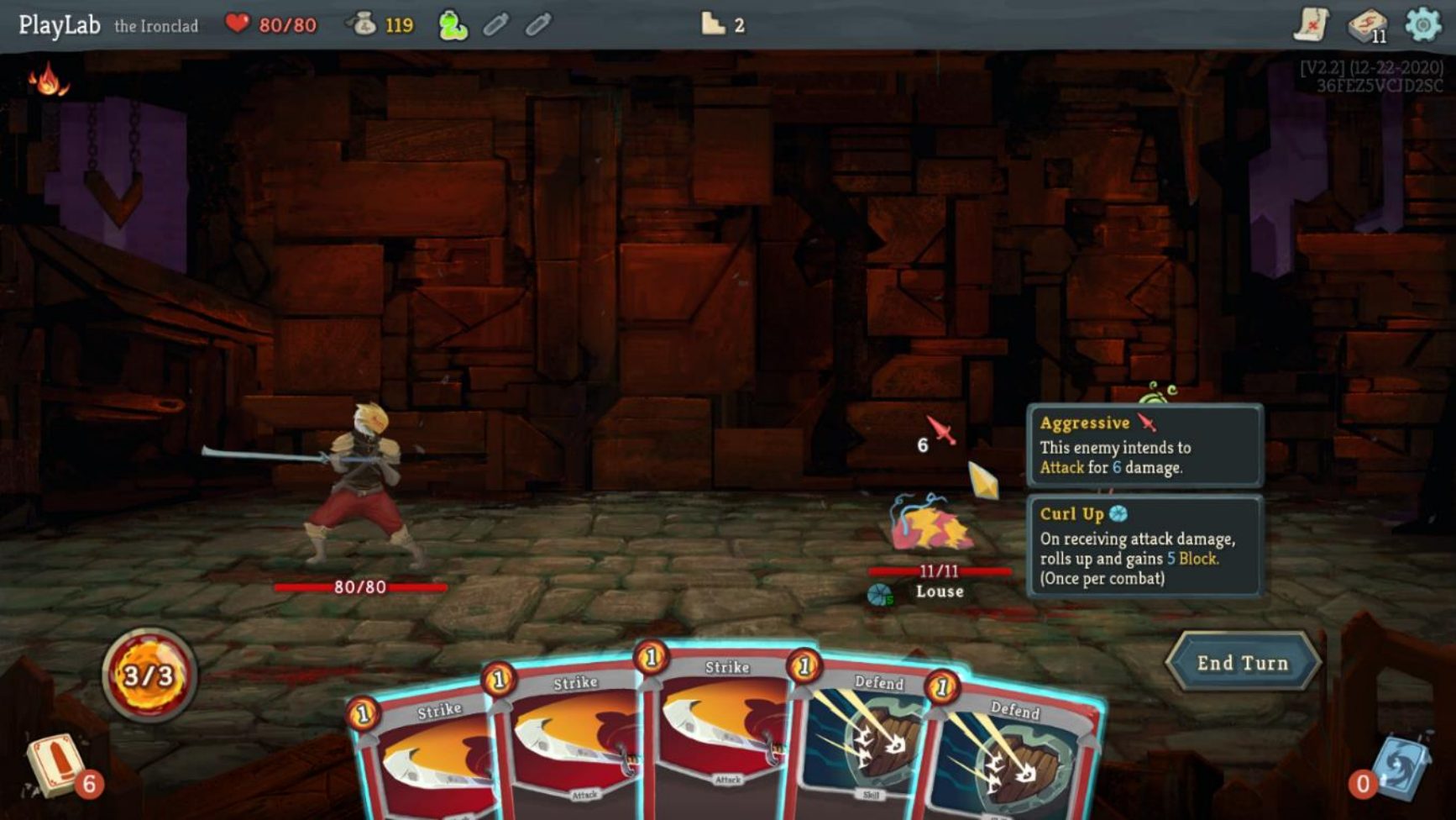 Character seen fighting against a monster, several cards in view