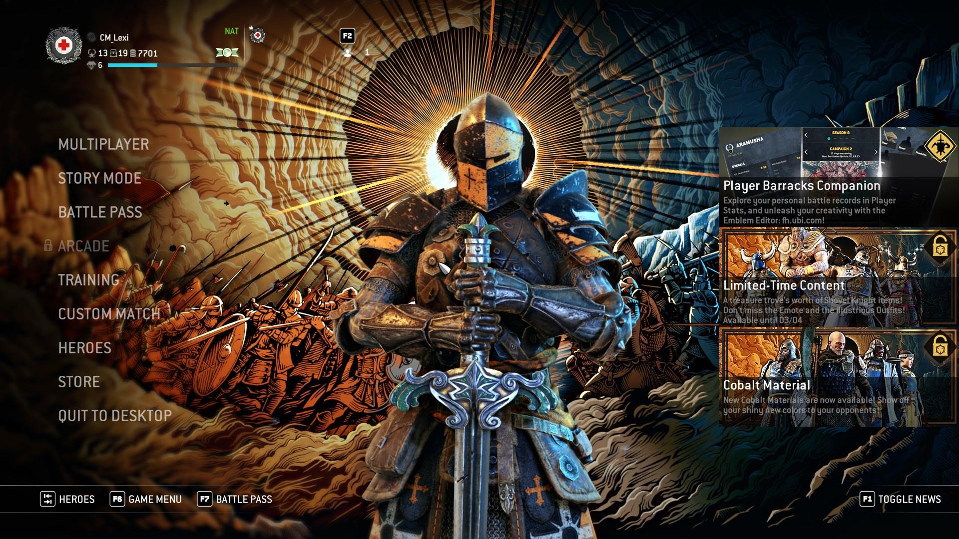 Main menu of For Honor, showing the different options, with the character Warden in the center posing