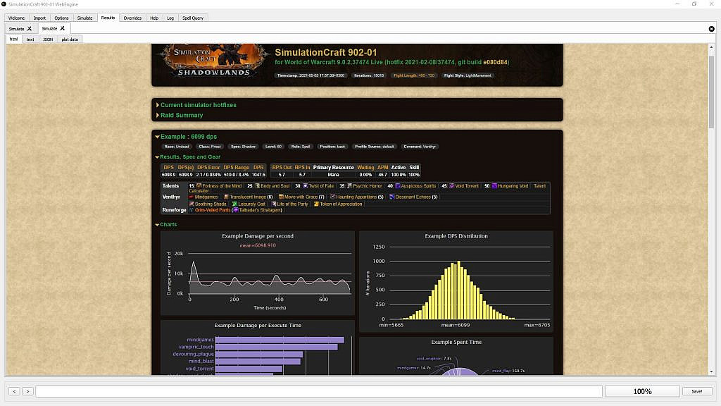 A screenshot of the SimulationCraft user interface. The application draws graphs to break down relative ability damage, execution time, and damage dealt over the simulated encounter. 
