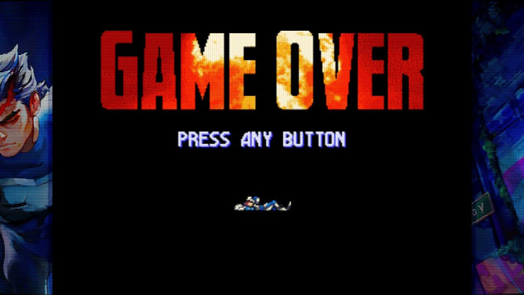 Game over screen showing "Game over" on a bold font that contains an graphic of an explosion. Main character laying on the black background.