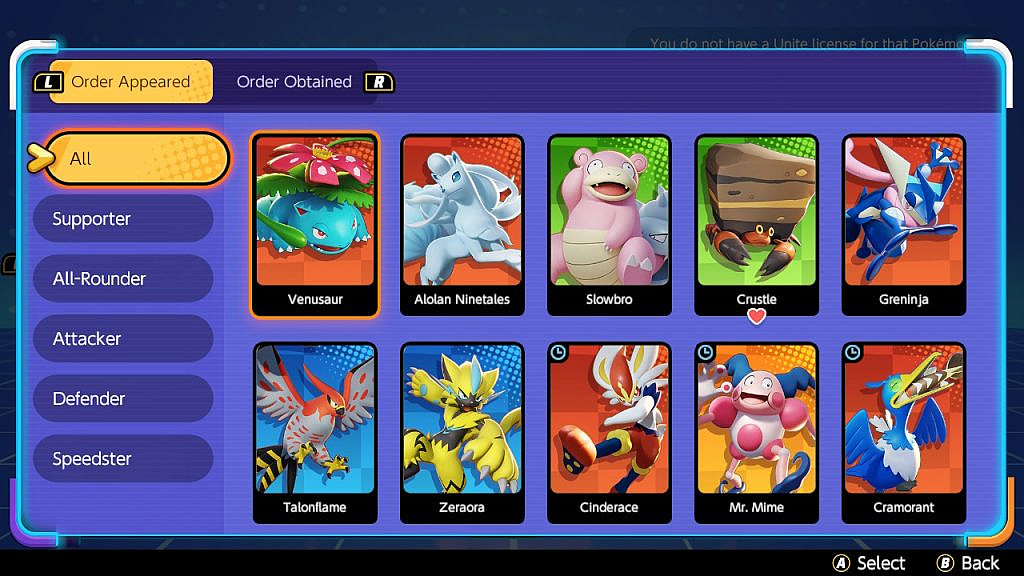 Character selection screen showing all the playable roles: supporter, all-rounder, attacker, defender, speedster and all the different Pokémon characters.