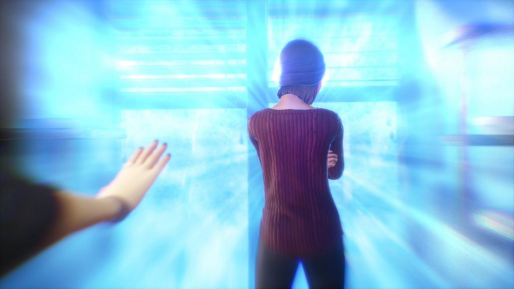 Alex holding her hand up towards another person who is facing away from her. Perso has a bright glow radiating from them.