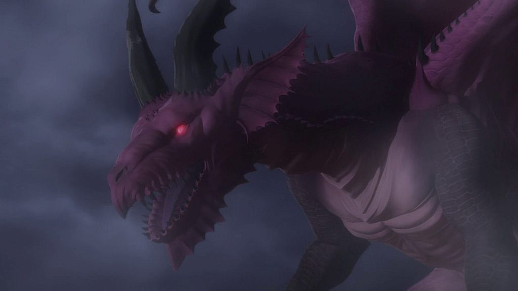 A large, red dragon with horns surrounded by dark fog.