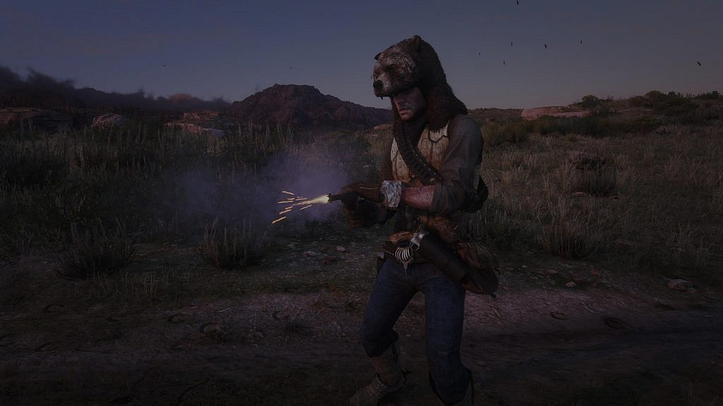 A male main character wearing a Wild West clothing shooting with a revolver 