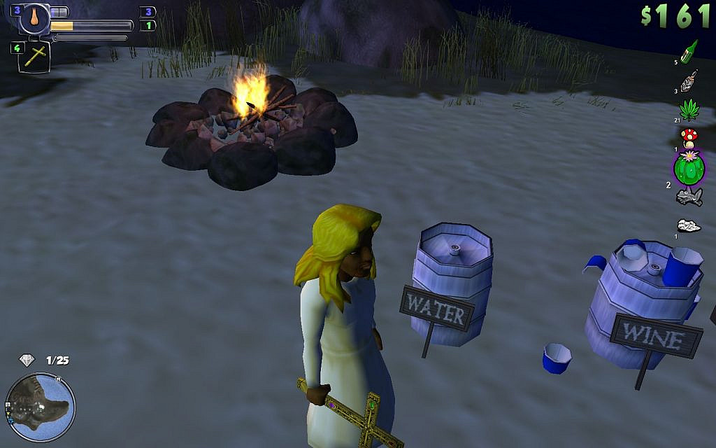 Jesus on a beach with two barrels labelled water and wine