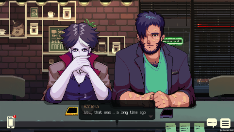 A screencapture of the game Coffee Talk. A vampire and a werewolf sitting at a table. 