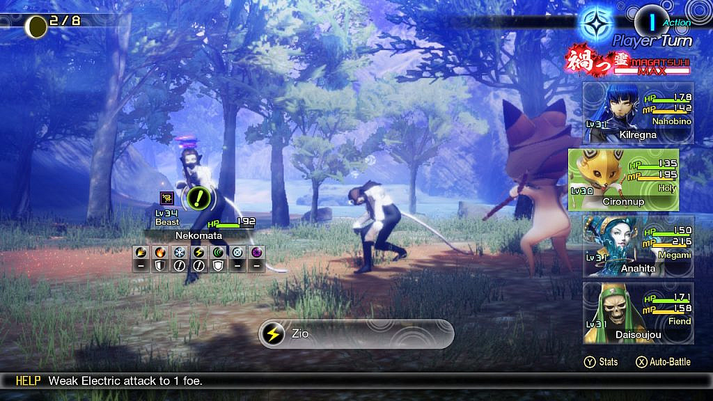 Two cat-like demons at the center, clearly injured. The back of a closer demon that is readying an attack against the two. Menus are seen at the left, giving options of different actions.