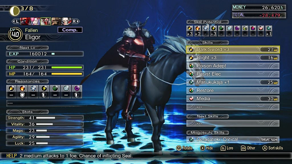 A knight on horseback, with lots of statistics and skill names around the screen.