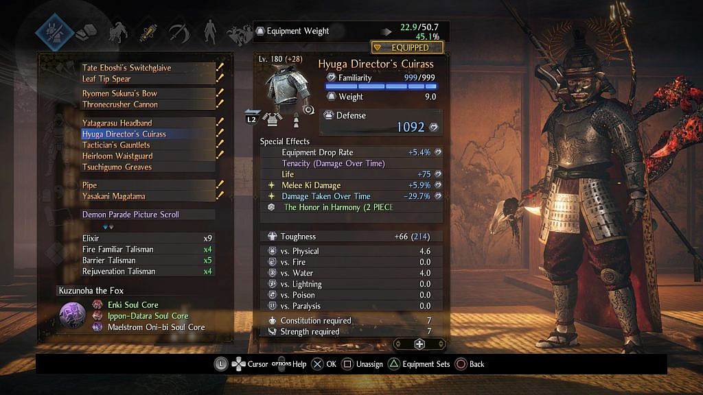 Many different pieces of equipment are listed. A chestpiece is selected, and many of its modifiers and numbers can be seen.