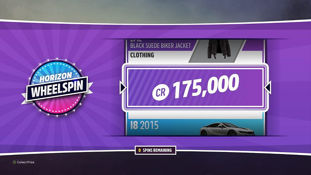 “Horizon Wheelspin” slot machine on a purple background with car, credit, and clothing reward shown