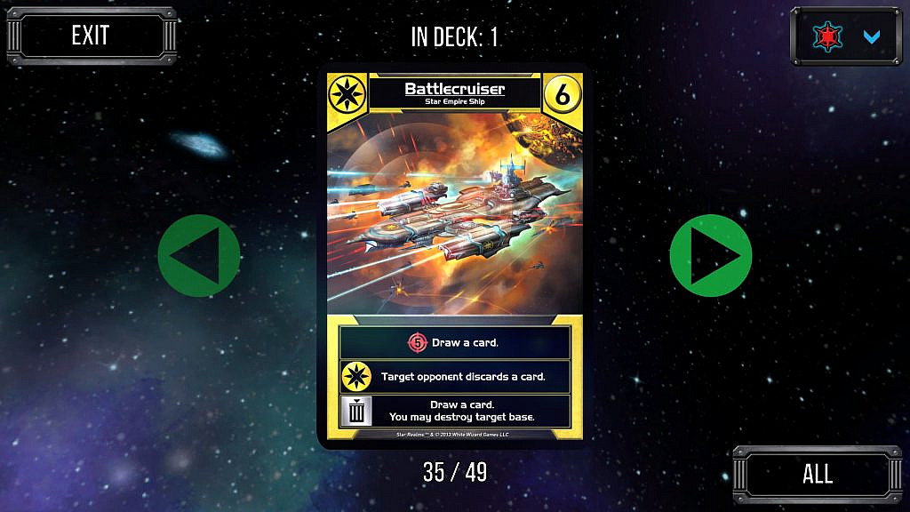 A picture of a card. The art portrays a ship, shooting lasers in space. The card shows various effects, cost, and the faction that it belongs to.