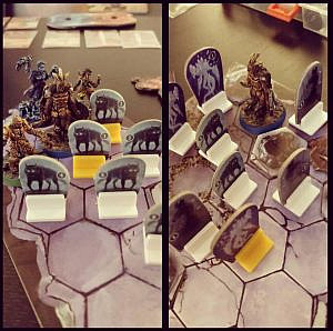 Gloomhaven tabletop, party surrounded by enemies