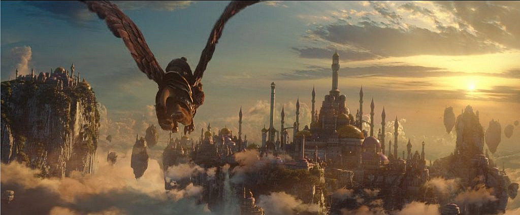 A winged beast, mounted by a person. They are flying towards a flying city in the clouds, with many long towers that can be seen.