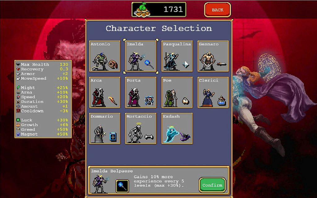 The middle of the image features a character selection screen in a sort of a grid format, while the left of the screen shows the currently selected characters stat parameters.