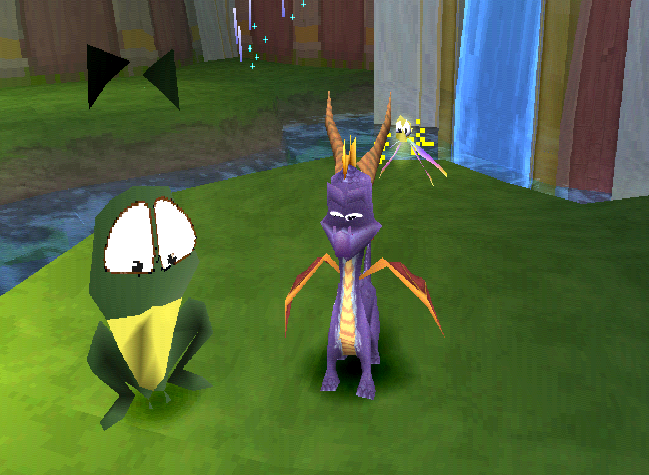 a purple dragon with a golden firefly following him, and a frog with huge eyes and floating eyebrows stand next to each other