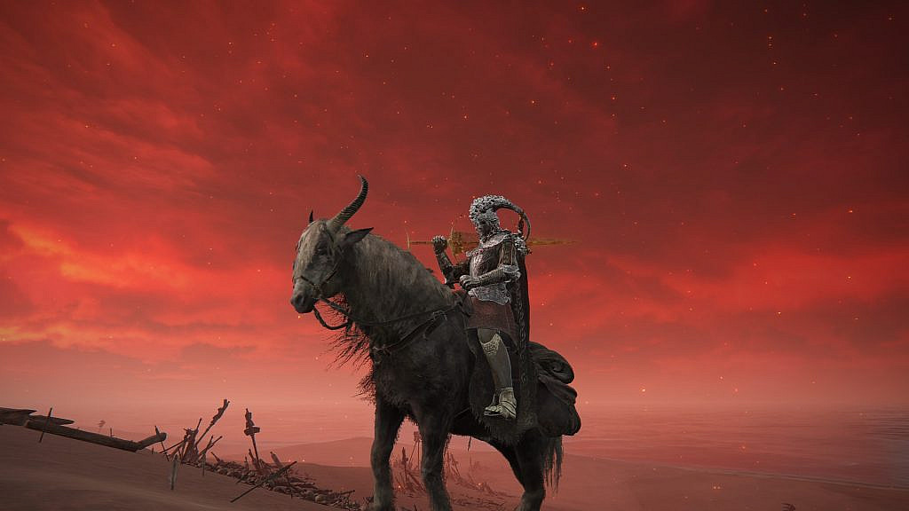 A knight riding a horse with horns. In the background there's a foreboding red sky.