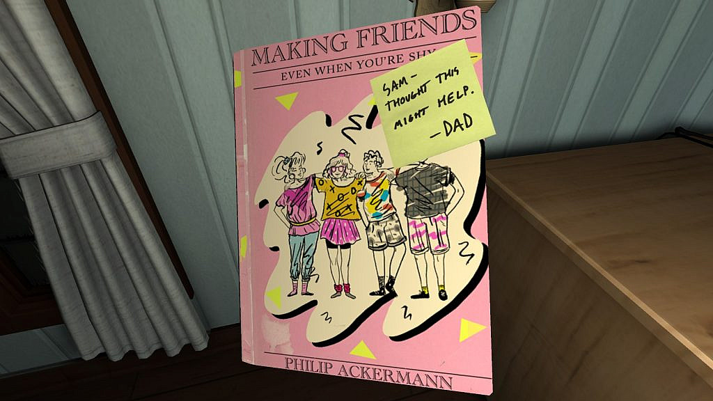 A book with a title "Making Friends Even When You're Shy" and a note saying "Sam, thought this might help -Dad"