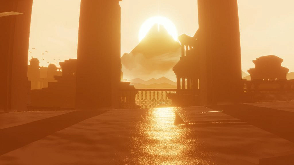 Sun setting behind a mountain. Elements of a castle on the foreground