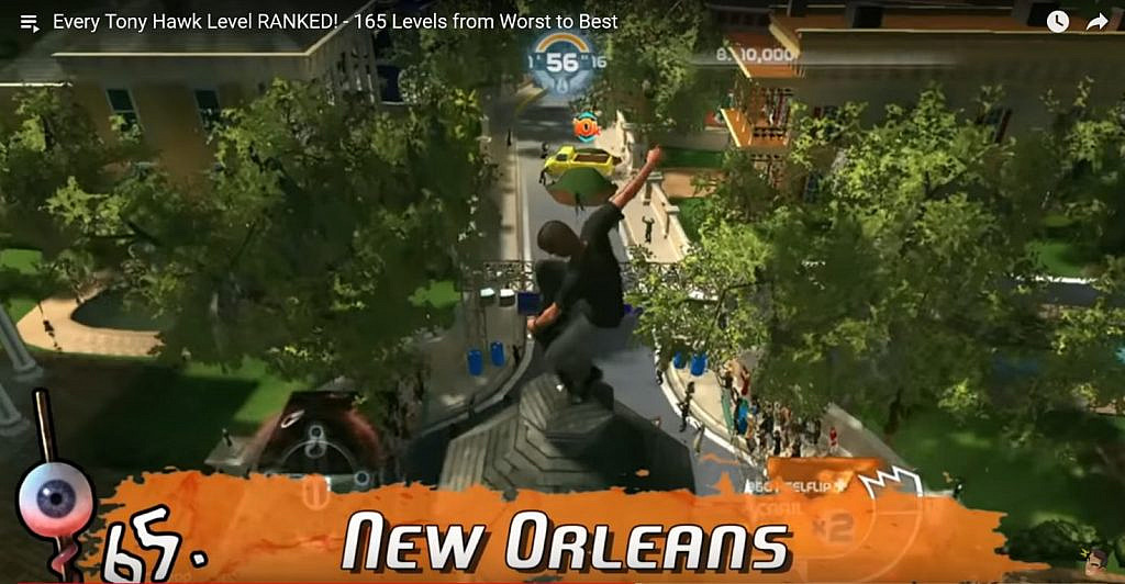 The character with a skateboard on the air in a park-like setting with the level number and name on a bottom.