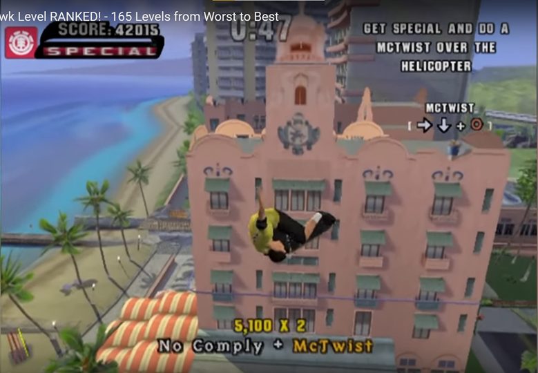 The character with a skateboard in the air with a hotel and a tropical setting in a background.