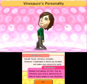 A screenshot of the game Tomodachi Life. The mii character of Vinesauce is standing with a pink background.