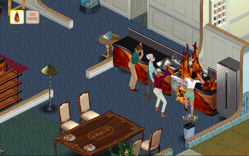 Screenshot of a video game. Stove on fire and people gathered around it