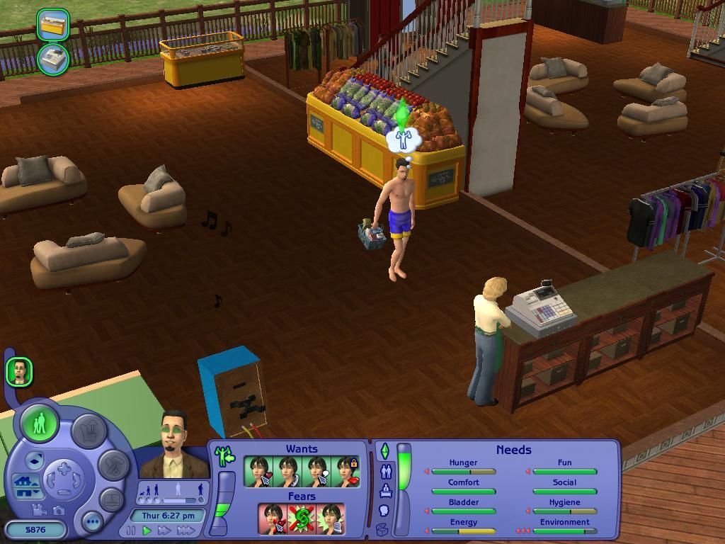 Video game screenshot. A person shopping for groceries