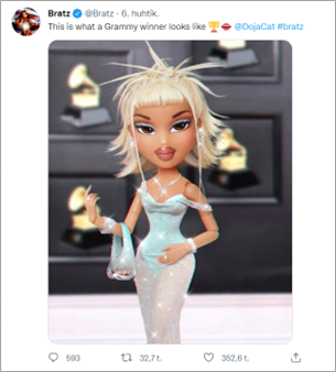 Tweet from the official Bratz account featuring a photoshopped image of a Bratz doll resembling the rapper Doja Cat.