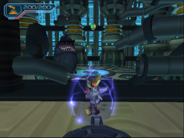 A alien main character with a robot on back and surrounded by bubble shield on a factory-setting 