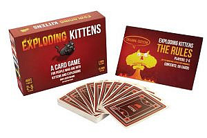 Promo pictures from the board game “Exploding Kittens”. Cover, cards and rules.