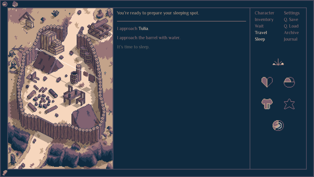 Usual view of the game screen. From left to right: Illustration of the visited place (in this case, a fort), textbox & choises and lastly player character stats, clock and menu options.