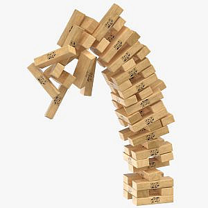Picture: Promo picture from the board game “Jenga”. The tower of wooden blocks falling and ending the game. https://www.jenga.com/ 