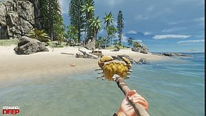 The player preys on a crab with a spear on a tropical island