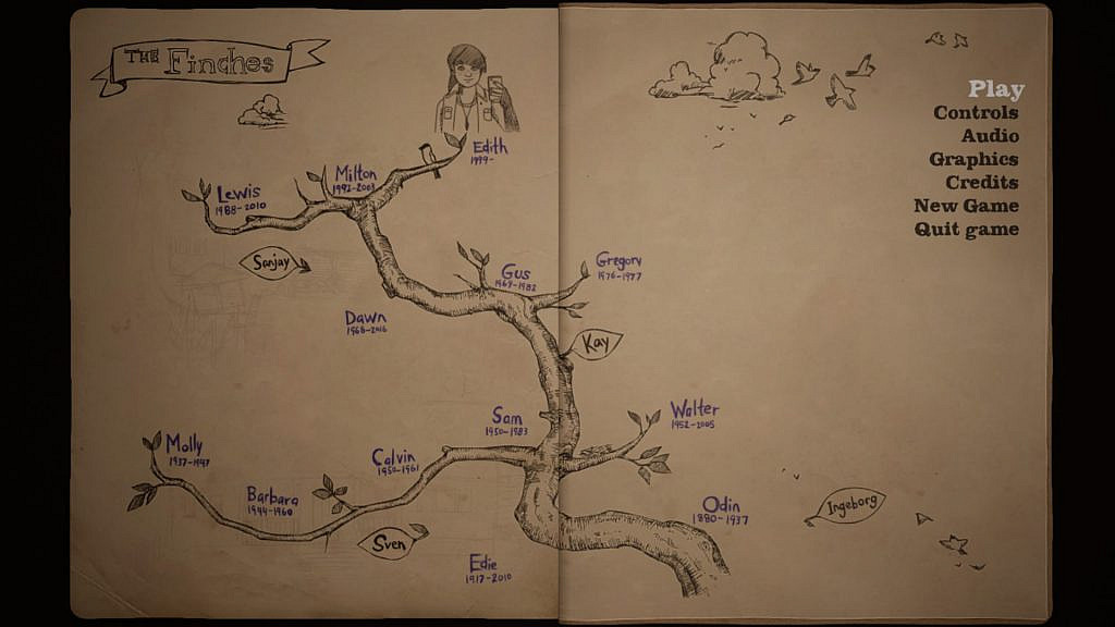 Pause menu, which also shows a drawing of a tree branch with names. This is the family tree of Edith.