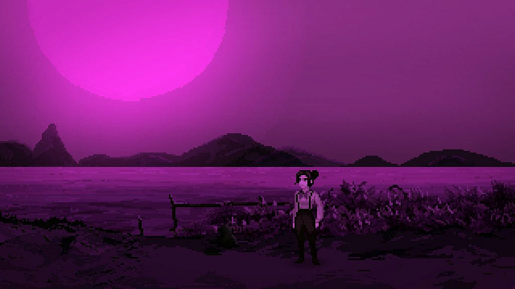 Thomasina stands amidst isolated landscape, as otherworldy purple sun shines ominous light above.