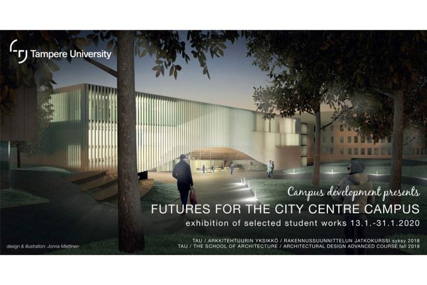 Arkkitehtiopiskelijoiden näyttely Päätalon aulassa tammikuussa 2020