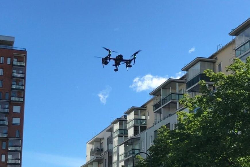 Drone flying in urban area
